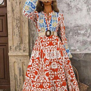 Printed Notched Long Sleeve Maxi Dress
